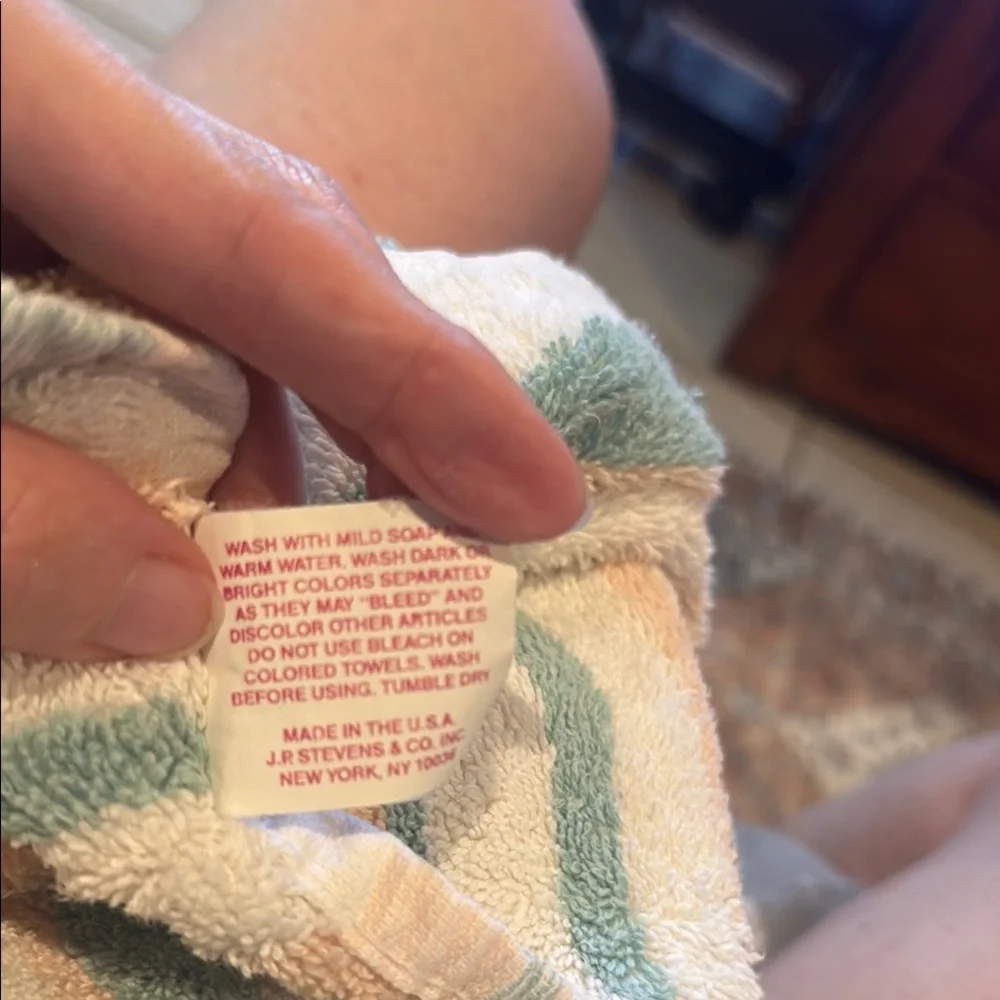 Caress Striped Vintage Towel in White, Peach, and Teal Cotton